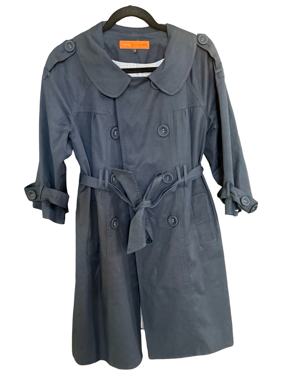 Cynthia Steffe Navy Blue Double Breasted Trench Coat Small Peter Pan Collar